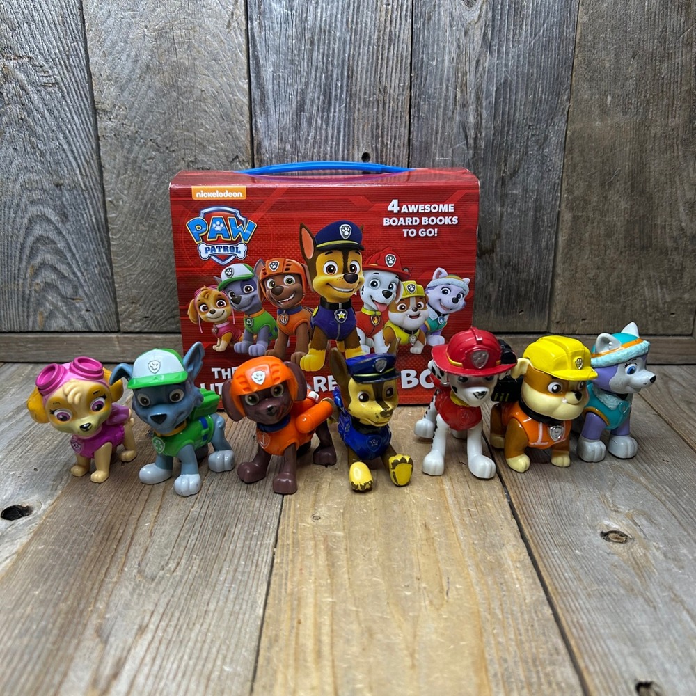 Nickelodeon Paw Patrol 7 Figure Lot & Little Red Rescue Box 4 Board Book Set